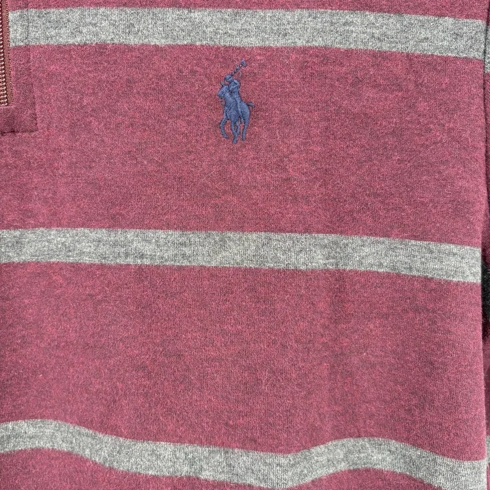 Polo Ralph Lauren Mens 1/4 Zip Sweater Long Sleeve Maroon Red Gray Striped SZ Sm